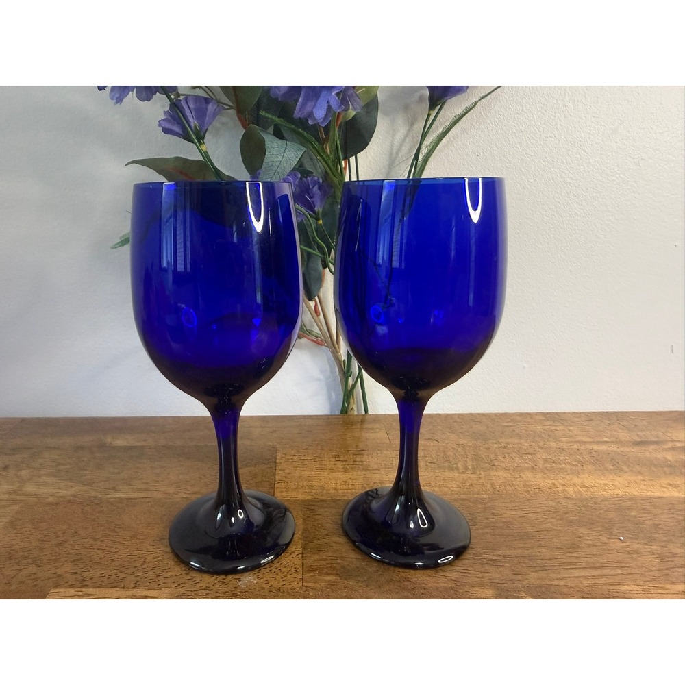 Vintage Cobalt Blue Wine Goblets Stemware Glasses Pair Barware